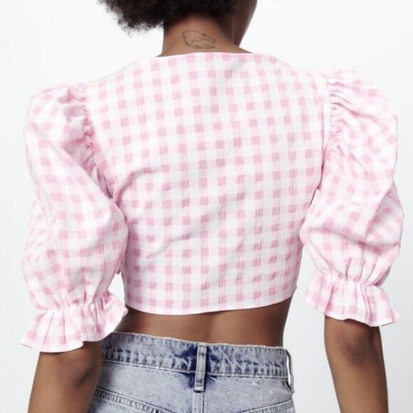 ZARA WOMAN NWT PINK-WHITE CROPPED GINGHAM TOP SIZE MEDIUM 0881/007 - Picture 5 of 8